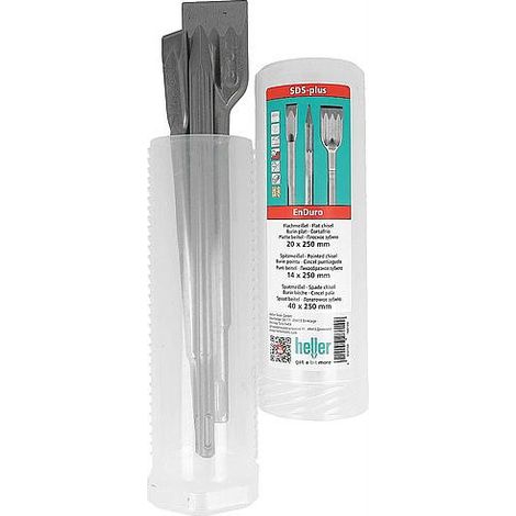Kit Burins HELLER ENDURO auto-affutant SDS-Plus 3 pieces Burin pointu/plat et beche