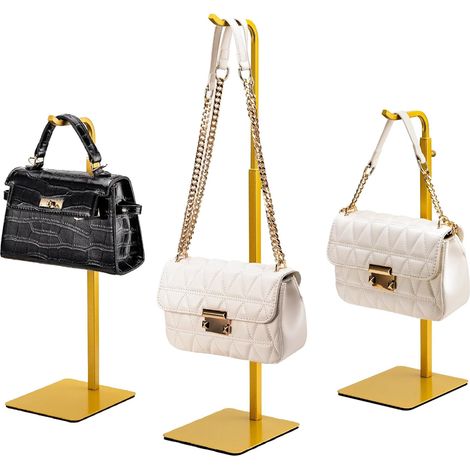 Set of 3 handbag display stands: gold-tone stand for bags, purses, and wreaths adjustable hook for table, closet, and retail use.