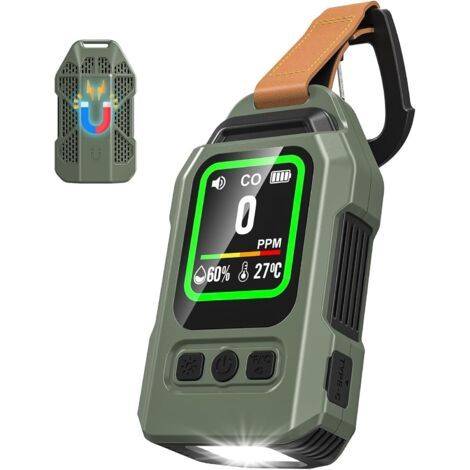Détecteur de monoxyde de carbone portable, thermomètre et hygromètre avec fonction alarme et lampe torche d'urgence, idéal pour le camping, les voyages, la voiture et la cuisine. (1/5)