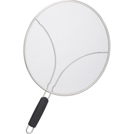 Relaxdays Paraschizzi per Padelle, in Acciaio Inox, ∅ 33 cm, Paraspruzzi Frittura Olio con Manico in Plastica, Argento