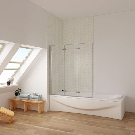 Mampara de bañera plegable con bisagra 3 hojas sin marco exterior, 6mm cristal templado antical, aluminio cromado, 140x130cm (1/5)
