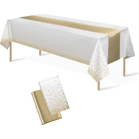 Nappe Jetable En Plastique Et Chemin De Table En Satin - 2 Pièces - Blanc Or Et Doré - Imperméable - Pour Mariage Et Fête - 137x274 Cm (1/5)