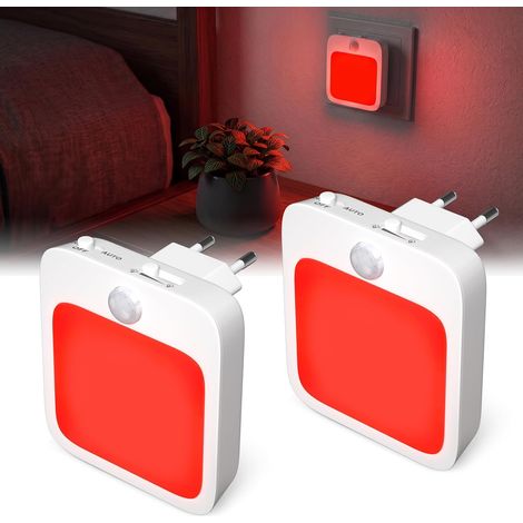 Veilleuse à brancher 2 pièces avec détecteur de mouvement, lumière LED rouge 625 nm, intensité réglable, favorisant le sommeil, pour chambre d'enfant, chambre à coucher, couloir et escaliers, classe é (1/5)