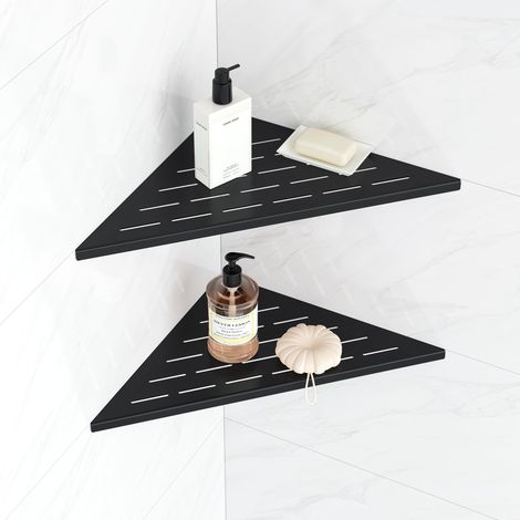 Étagère d'angle à 90° en Acier Inoxydable, Porte Savons Douche Triangulaire pour Mur Carrelé, Rangement de Salle de Bain Aucune perceuse requise, Lot de 2, 31CM, Noir (1/5)