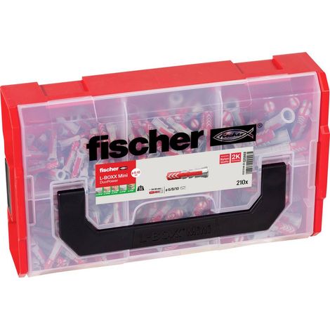 Fischer – Boîte d'assortiment de chevilles DUOPOWER 210 pièces – 120 chevilles 6x30mm, 60 chevilles 8x40mm, 30 chevilles 10x50mm – Pour béton armé et murs pleins