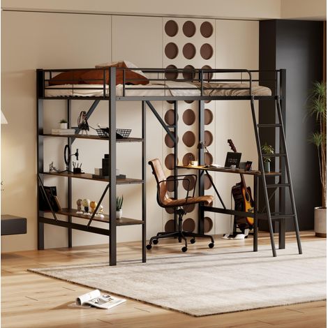 lit adulte bureau rangement mezzanine 90x200 noir HAVRYA (1/5)
