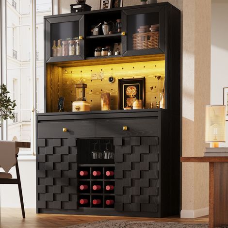 Buffet haut de cuisine avec façade acrylique, LED RGB via application, 2 prises, 2 USB, panneau perforé, porte-bouteilles, étagères réglables MDF Noir (1/5)