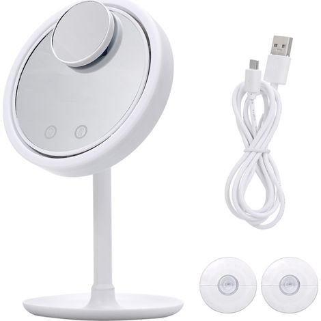 Miroir de maquillage avec lumière LED et ventilateur, rotation à 90 degrés, miroir de table portable et détachable avec grossissement 5X (1/5)