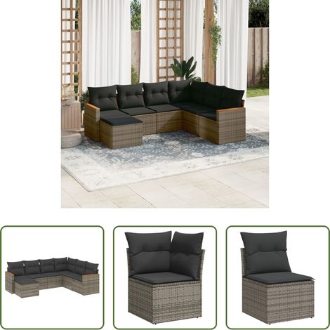 Terrassensofa - 7-tlg. Garten-Sofagarnitur mit Kissen Grau Poly Rattan (1/5)