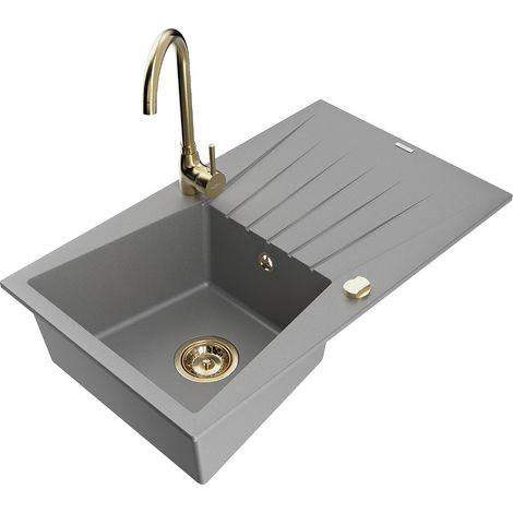 Mexen Cesar 1 Becken-Granitspüle mit Abtropffläche und Mischbatterie Telma, Grau - 6514-71-670200-50 (1/5)
