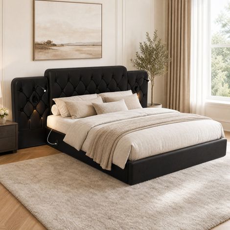 Cama con arcón 160x200 cm de polipiel negra, sin colchón FloraGrace (1/5)
