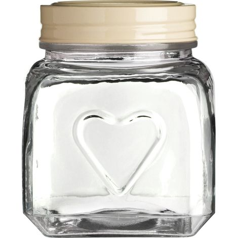 Premier Housewares Glass Round Storage Jar 900ml Multipurpose Stylish Heart DesignLightweight Removable Lid Airtight w11 x d11 x h13cm