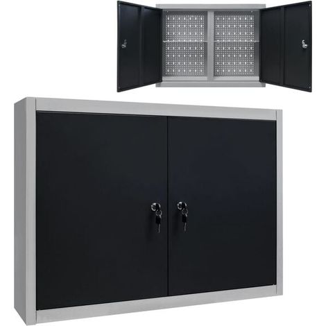Armoire à outils murale, style industriel, en métal gris et noir.