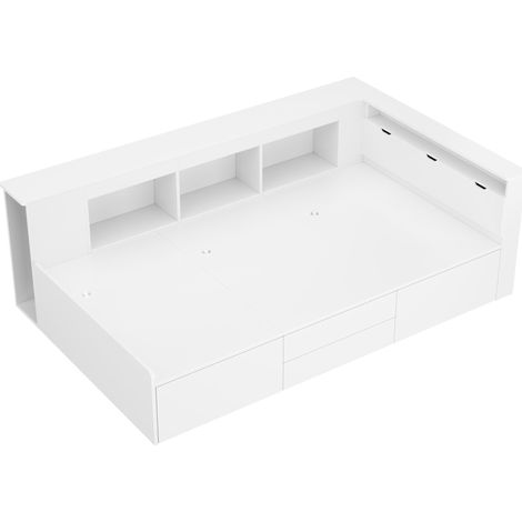 Lit enfant 90 x 200 cm avec tiroirs, bibliothèque et rangements, blanc, MDF (1/5)