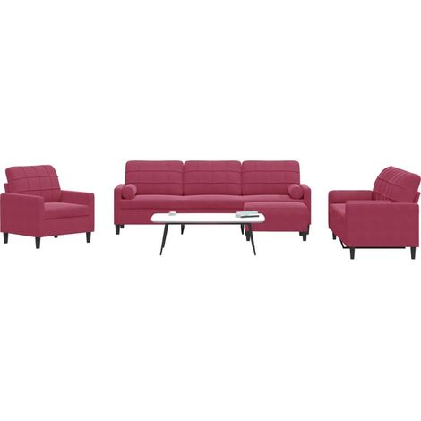 4-tlg. Sofagarnitur mit Kissen und Nackenrollen Weinrot Samt (1/5)