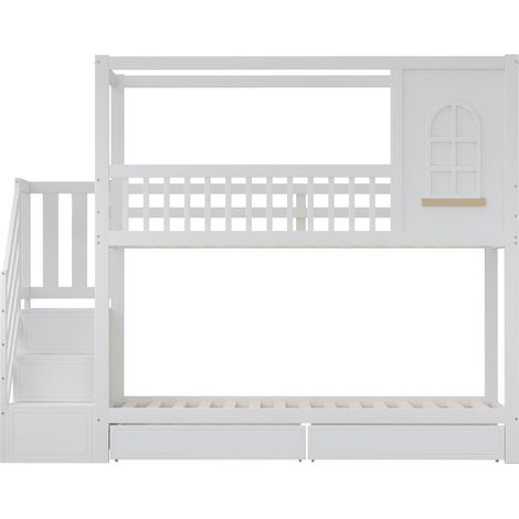 Lit superposé enfant 90x200 lit cabane en bois massif, lit superposé blanc avec tiroirs et escalier de sécurité, 252x96x192cm (1/5)