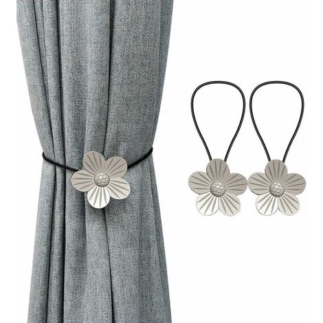 Boucle de Rideau, 2 Pièces  (Argent) Magnétique Corde de Rideau, Embrasses de Rideaux, Bretelles pour Rideaux, Fleurs en Métal, pour Rideaux de Chambre à Coucher de Salon