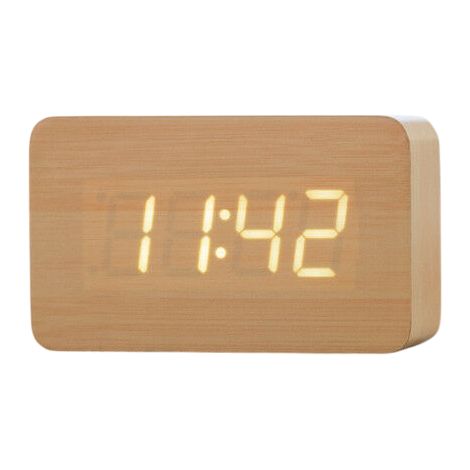 Réveil Numérique - Affichage LED Rectangle - Contrôle Vocal et Tactile - Température et Heure - Éclairage Réglable - Bois Naturel - Alimentation USB ou Pile AAA - 1 Pièce (1/5)