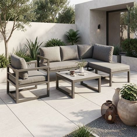 URBAN MEUBLE Salon De Jardin D'angle Gris 4 Pièces Fauteuil Et Table Basse, Coussins Inclus