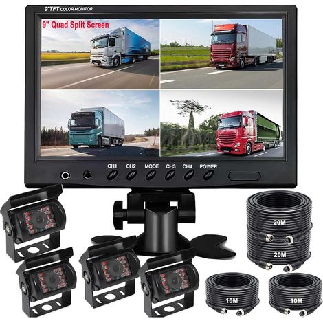 Kit de caméra de recul filaire de 9 pouces, moniteur HD 4 écrans divisés de 9" avec caméra de recul étanche pour vue arrière et avant, vision nocturne pour camion/semi-remorque/bus/caravane/VR 9V-36V (1/5)