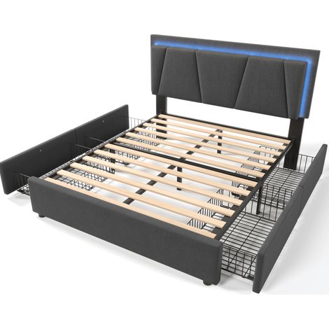 Cama tapizada 160x200 cm con LED, 4 cajones y cabecero регулируable, gris (1/5)