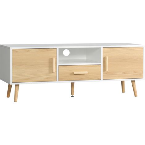 HOMCOM Meuble TV banc TV support TV pour télévision jusqu'à 46 pouces style scandinave avec 1 tiroir, 2 placards, 1 niche, 1 passe-câbles - 120 x 37 x 45,5 cm