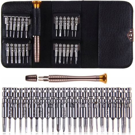 Juego de destornilladores de precisi贸n 25 en 1 en un estuche de tela.