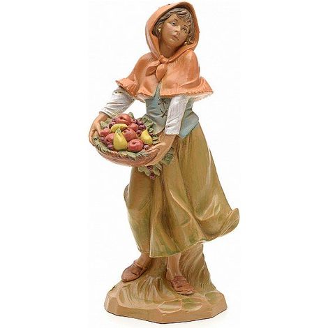 PASTORELLA CON CESTA DI FRUTTA 19CM STATUETTA IN RESINA (F25)