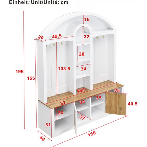 Meuble d'entrée multifonction avec étagère à chaussures, tablettes et patères. Armoire vestiaire en MDF robuste, design moderne et rangement pratique. (1/5)