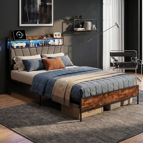 Lit Double 140x200 Cadre de Lit Métal et Bois avec Tête de Lit Rangement Prises USB et LED Design Industriel pour Chambre (1/5)
