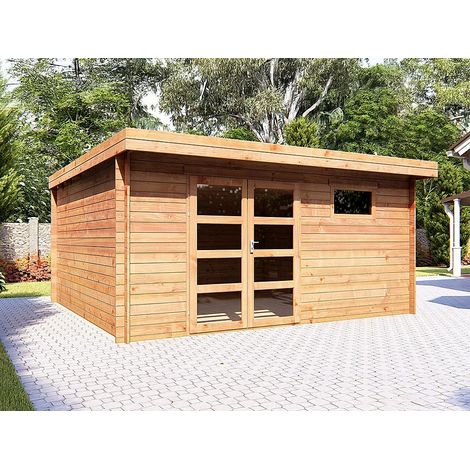 Abri de jardin en bois traité par autoclave avec toit plat - 19.61 m² - épaisseur 28 mm - CORALIO (1/4)