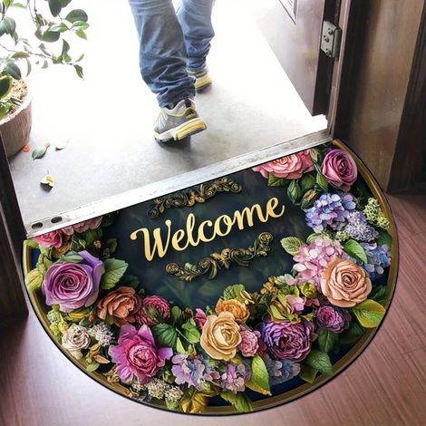 Tapis antidérapant, paillasson demi-cercle unique, tapis de nettoyage, décor d'entrée intérieur et extérieur pour garage et maison - 60 x 90cm [Velours cristal, fond en plastique]