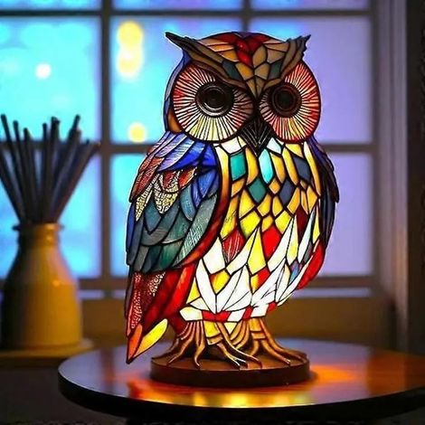 Lampe de table en forme d'animal en vitrail, lampe bohème en résine pour chambre à coucher, salon, (hibou) (1/4)