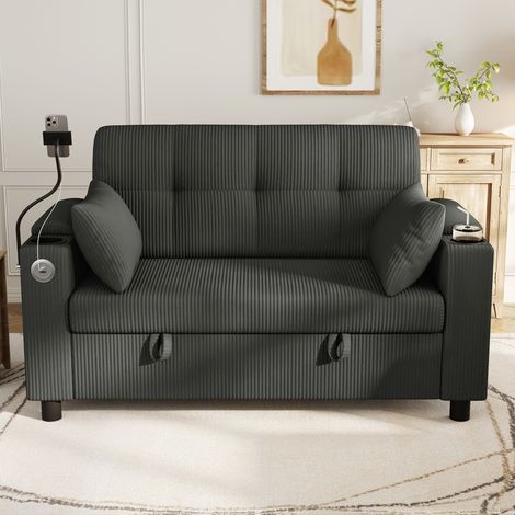 Canapé droit 136.5x79.5x83.6cm - 2 places - rangement caché + usbtype-c + porte-gobelets + 2 coussins - velours côtelé - gris (1/5)
