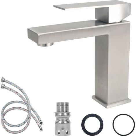 Robinet Salle Bain Acier Inoxydable, Mitigeur Lavabo avec Tuyau, Poignée Unique Robinet Lavabo Salle de Bain, Robinets Lave Main Eau Chaude et Froide pour Cuisine (Brossé) (1/5)