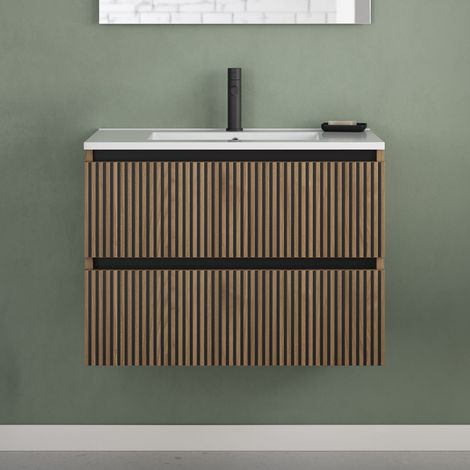 Meuble de salle de bain 70cm simple vasque - 2 tiroirs - sans miroir - noyer (bois foncé) - VENERIA