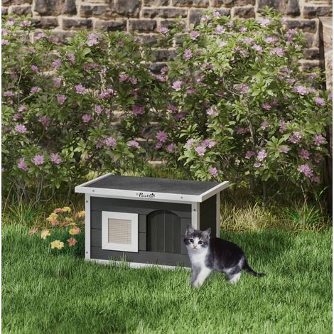 Casa per gatti in legno grigia con tappetino tiragraffi, tetto apribile, 61 x 45 x 36,5 cm (1/5)