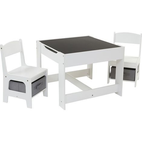 White Table and Chairs with Grey Storage Bins - L60 x W60 x H48 cm