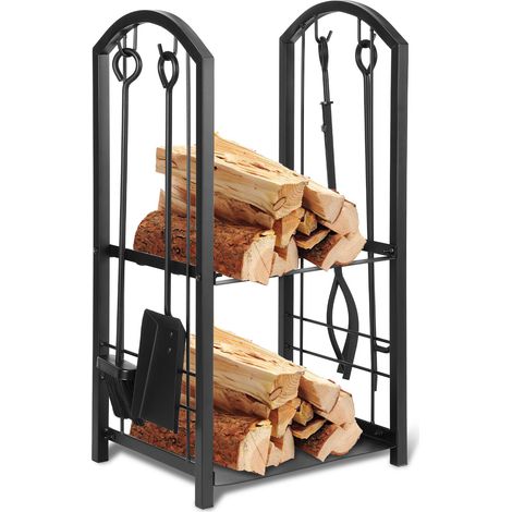 Jiubiaz Caja de Almacenamiento al aire libre Negro estante de metal para leña de interior de almacenamiento de madera con 4 herramientas de la chimenea (1/5)