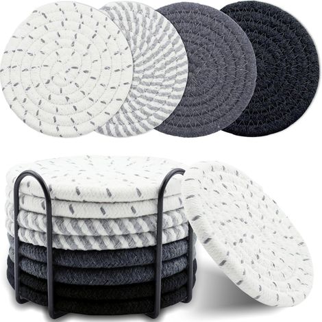Ein Set aus 8 saugfähigen Untersetzern aus Baumwollstrick, perfekt für die Wohnzimmerdekoration, 4,3 Zoll (schwarz und grau). (1/5)