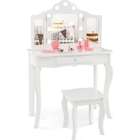 COSTWAY 2 in 1 Kids Vanity Table and Stool Set Makeup Dressing Table LED Lighted Mirror (1/5)
