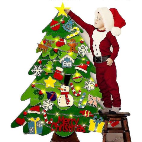 Árbol de Navidad de fieltro, decoración navideña DIY, árbol de Navidad con 32 adornos, decoración de pared con luces LED de hadas para niños, decoración de puerta y pared del hogar. (1/5)