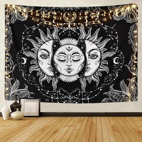Décoration murale - Tapisserie Soleil et Lune, Tapisserie Soleil Ardent avec Tapisserie Étoilée, Tapisserie Psychédélique Noire et Blanche (1/5)