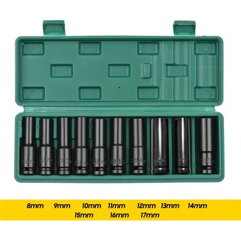 10-teiliger 1/2-Zoll-Sechskant-Schlagschrauber-Steckschlüsselsatz, tiefe metrische Größen, CR-V-Material, 8–17 mm, mit Aufbewahrungsbox (1/5)