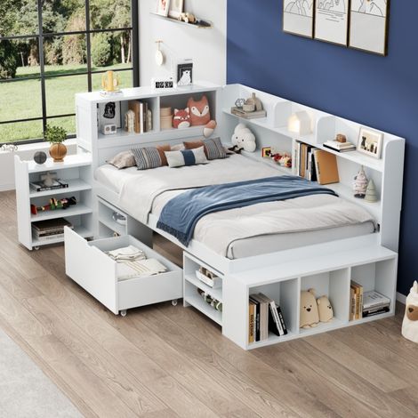 Lit enfant 90x200 cm contreplaqué blanc, rangement, gain de place, sans matelas – MEUBLIV (1/5)