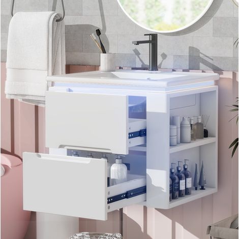 Mueble de baño con lavabo 61 x 46 x 48,5 cm, LED con sensor radar, 2 cajones, blanco HAVRYA (1/5)