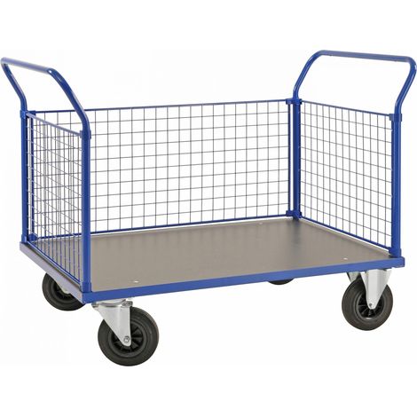 Kongamek Plattformwagen in blau 1166x700x1020mm mit MDF-Platte und 3 Gitterwänden mit Gummibereifung ohne Bremse