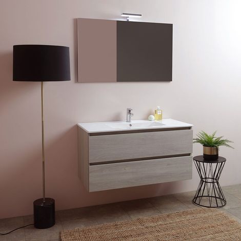 Kiamami Valentina – Composition de salle de bains 100cm avec 2 tiroirs – Armoire suspendue en orme effet bois – Lavabo céramique central – Miroir LED 60x100 (1/5)