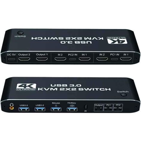 Commutateur KVM HDMI 2x2 USB 3.0, double écran 4K 60 Hz