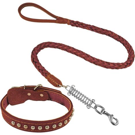 Collier et laisse en cuir reconstitué pour chiens, design tressé avec amortisseur, durable et élégant, idéal pour l'entraînement et la promenade,marron L